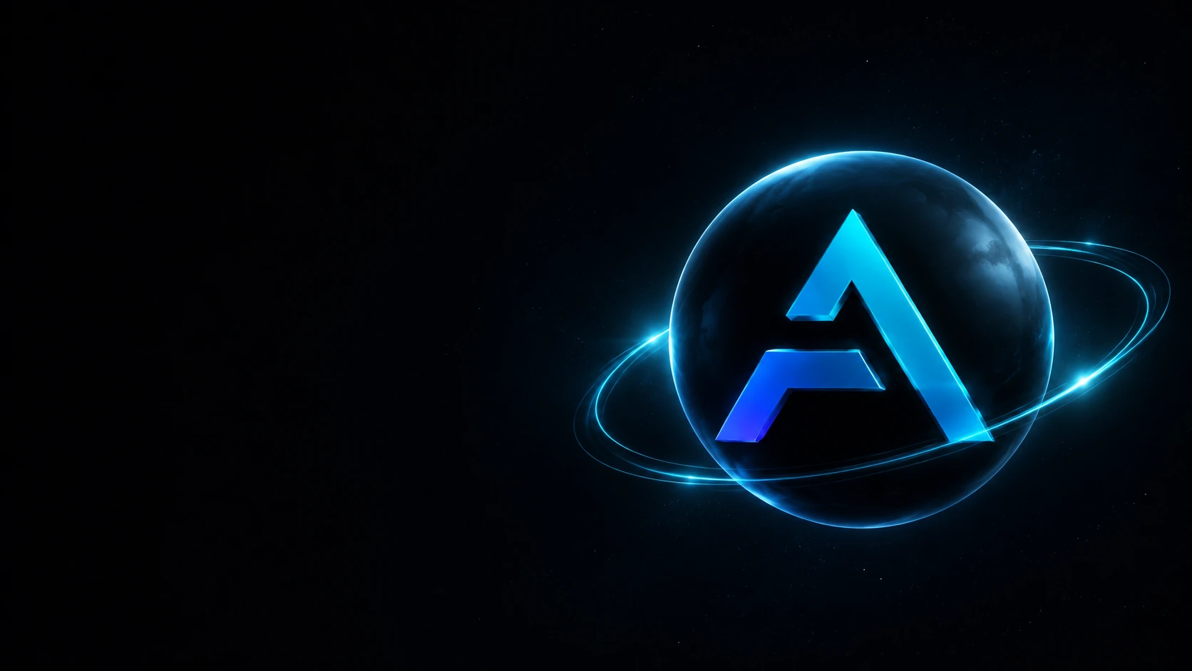 A dimensional Ageless blue emblem on a dark planet, encircled by luminous cyan orbits