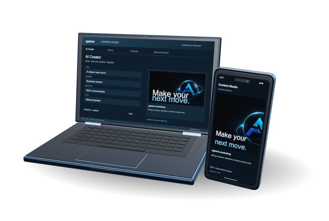 Content Studio on a dimensional laptop and phone